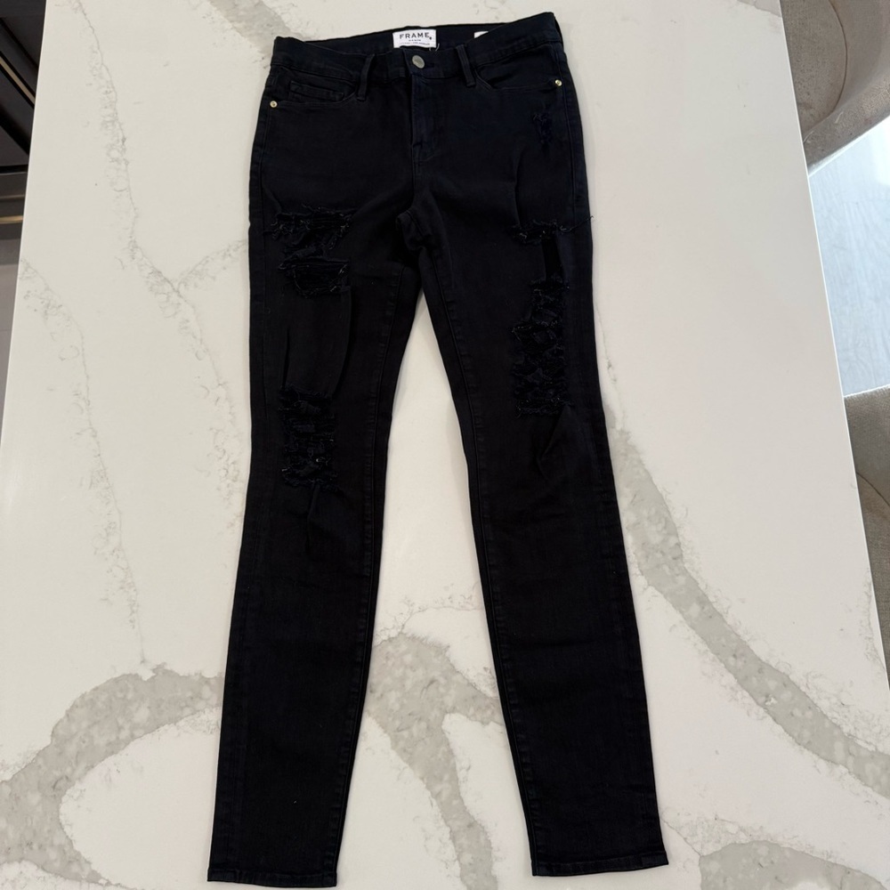 Frame Le Skinny de Jeanne Distressed Denim Jeans Women’s Size 29 Film Noir Black